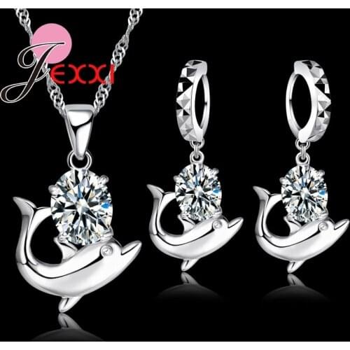New Trendy 925 Sterling Silver Dolphin Pendant Jewelry Sets Earrings Necklaces For Women Girls Birthday Party Jewelry
