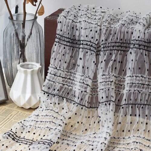 Mesh polka dot flocking embroidery sequins wrinkled tulle fabric retro style DIY womens shirt dress fabric lotus leaf lace