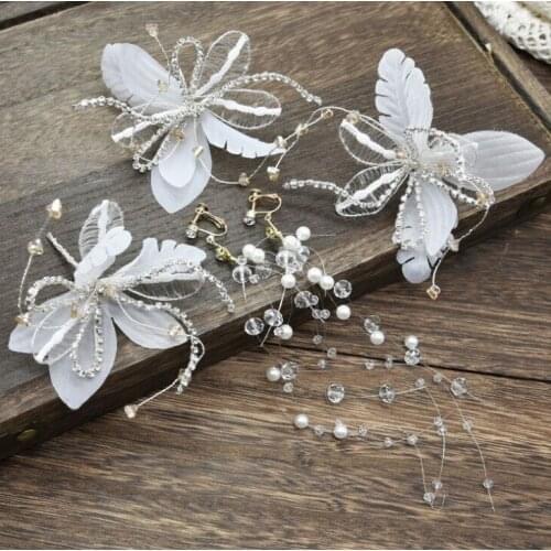Bridal Wedding Hair Accessories White Color Flower Crystal Hair Pins Clips for Women Jewelry Bride Headpiece Earrings Gifts