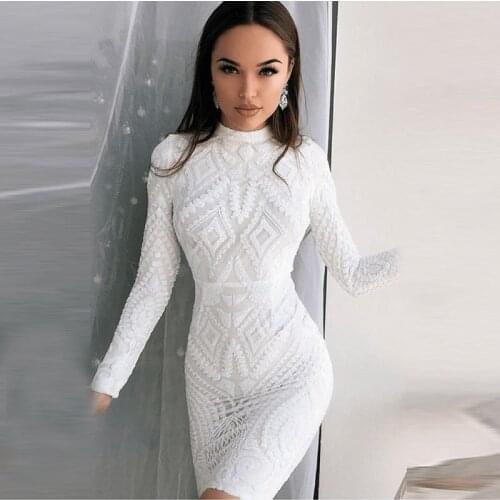 Partysix High collar network dress Long Sleeve Dress 2021Women Sexy Sequined Shiny Dress Women Elegant Gauze Club Party Dress