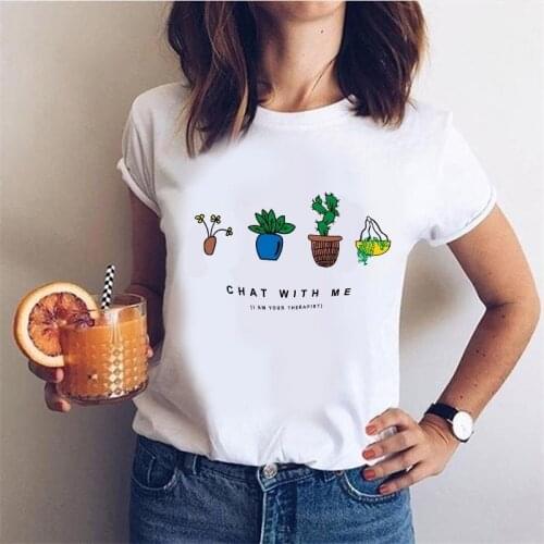 HAHAYULE-JBH 1PCS Plant Lover Chat with Therapist Girls T-Shirts Cute Cartoon Potted Plants Tops Women White O-Neck Graphic Tee