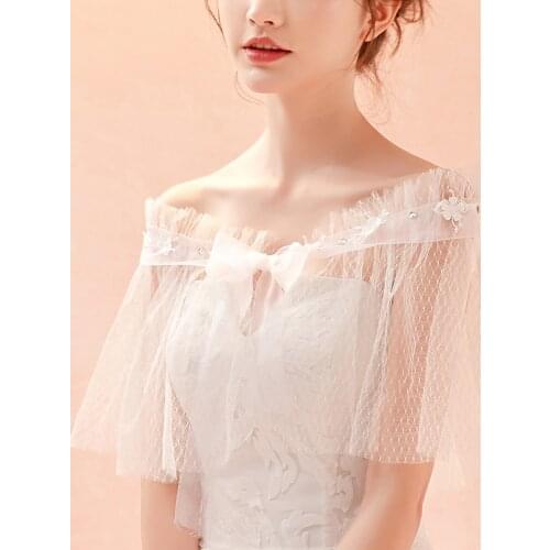 Women Polka Dot Sheer Lace Ruffle Off the Shoulder Wrap Tulle Wedding Bridal Stole Elegant Formal Shawl with Ribbon Flower Ivory