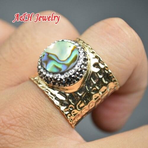 New Design Natural Abalone Shell With Rhinestone Paved Surround Gold Color Adjustable Wide Ring For Women Jewelry