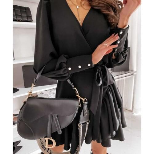 Women 2021 Summer Floral Dress Long Sleeve V-Neck Bandage Pleated Mini Dresses Casual Streetwear Vestidos Mujer