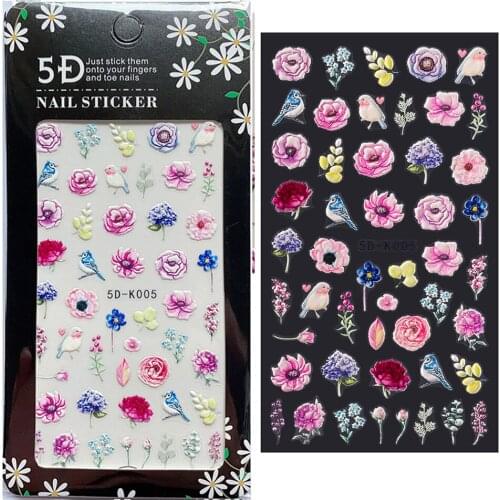 1 Sheet 5D Embossed Colorful Flowers Nail Stickers Textured Sliders Art Decal Adhesive Manicure Accessories
