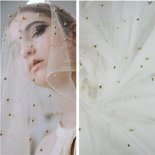 2 Yards Soft tulle lace fabric with Metallic Pearls beading lace Peach Pink net tulle lace For Party Wedding Dress Bridal Veil