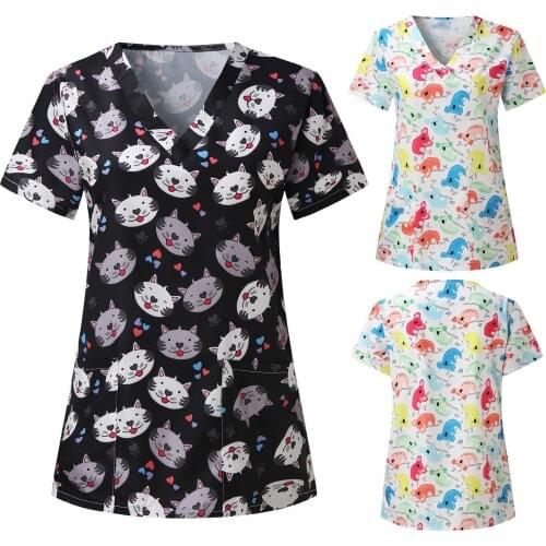 2021 Plus Size Nurse Uniform Summer Women Short Sleeve V-neck Easter Print Top Nursing Working Uniform T-shirts With Pocket