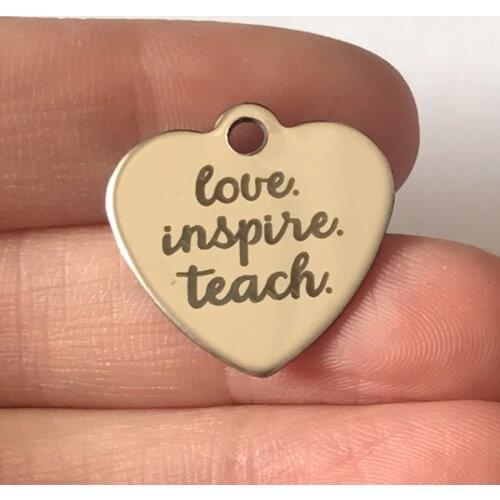 5PCS/Bag 20mm Engraved Heart Shaped Stainless Steel Pendant Love Inspire Teach Charm For Bracelet Necklace Teachers Jewelry Gift