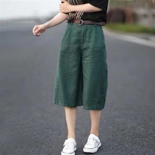 Cotton Linen Wide Leg Pants 2021 New Arrival Summer Women Casual Loose Knee Length Pants All-matched Button Fly Waist Pants