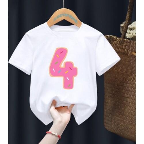 Children Pink Donut My 0-9th Birthday Number Print Name T-shirt Birthday Gift Present Clothes Baby Letter Tops Tee,Drop Ship