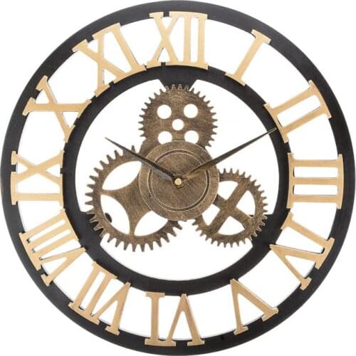 40cm European Retro Gear Quartz Clock Roman Gear Large Wall Clock Quiet movement Inlaid wooden clock for Livingroom Decor