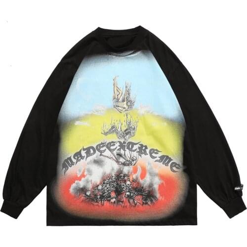 LACIBLE Streetwear Oversized Tee Shirts Hip Hop Angel Skull Skeleton Long Sleeve Tshirts Harajuku Casual Punk Rock Gothic Tops