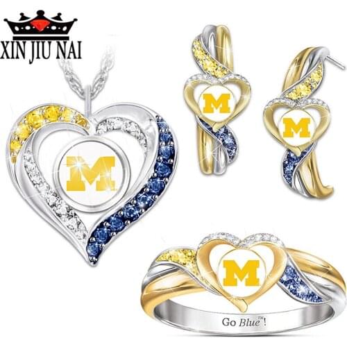 2020 hot new arrival arrives super shining personality heart shaped letter M ring earrings necklace creative jewelry set