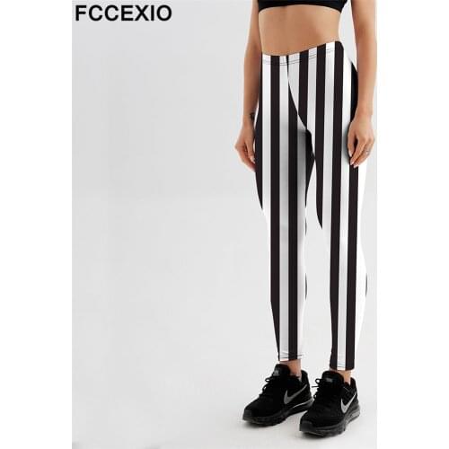 FCCEXIO Black and White Stripes Print Women High Waist Leggins Plus Size Pants Fitness Slim Soft Stretch Leggings Gym Trousers