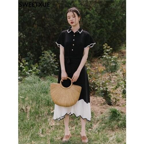 SWEETXUE 2021 Summer Fairy Retro Lace-up Patchwork Temperament Dress Womens Elegant Chic Party Fairy Female Vestido Mujer