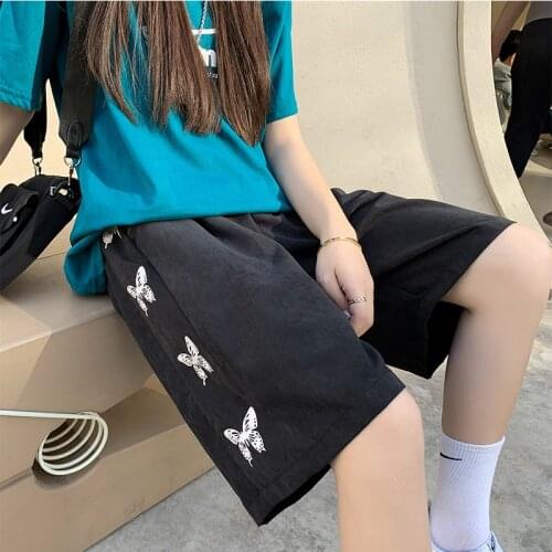 Summer Side Butterfly Knee-length High Waist Gray Shorts Korean Cotton Sweatshorts Women Loose Black Fashion Joggers Shorts