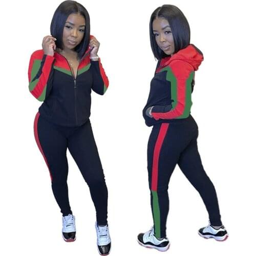 Patchwork Hoodie Two Piece Sport Sets Women Long Sleeve Zip-up Hooded Sweatshirt And Pants Jogger Suits Autumn Spring Tracksuit