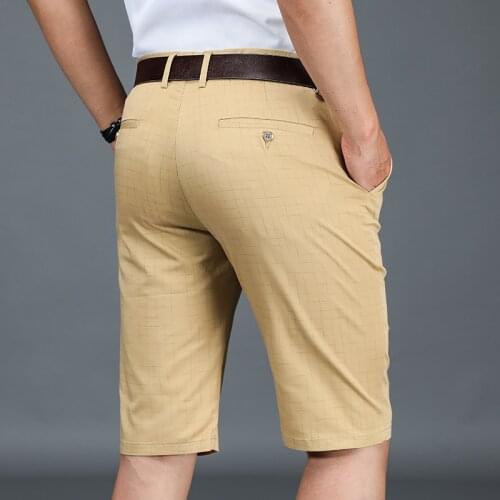QUANBO Khaki Busines Casual Mens Shorts 2021 Summer New Thin Ice Silk Fabric Plaid Men Classic Knee Length High Quality Pants