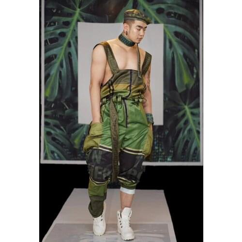 Male Personalized Fashion Green Jumpsuits Men Hip Hop Dancer Classical Clothing Mens Funny Party Leisure Time Suspenders Pants