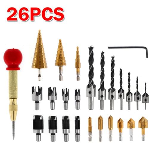 26PCS Chamfer Drill Bits Set Countersink Drill / Pointed Countersink Drill Bit with L-wrench / Plug Cutter / Step Drill