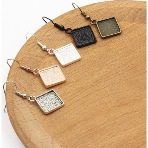 Fit 12mm Square Base Pattern Glass Cabochons Earrings Blank Setting Bezel For DIY Making Accessories Gift 10pcs K06260