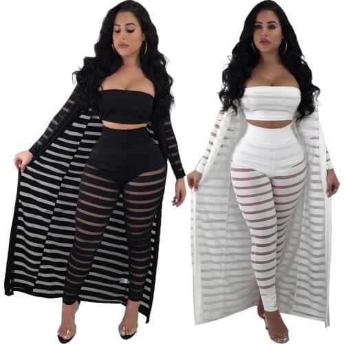 3pcs/set Sexy Patchwork Mesh Club Outfit Women See Through Pants + Long Cardigan Cover Up + Strapless Corp Top Stripe Suits 2021