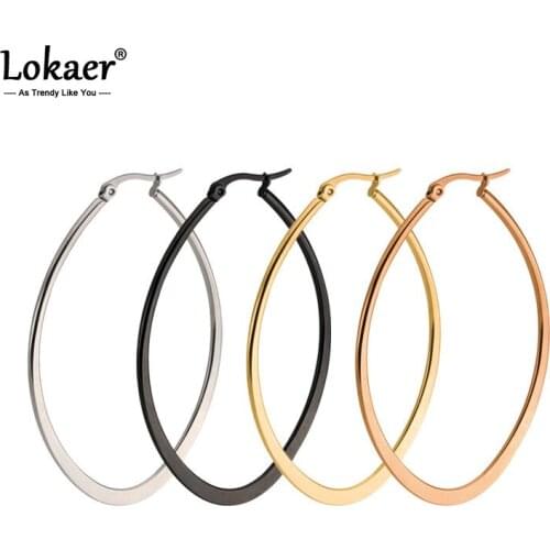 Lokaer Stainless Stee Trendy Oval Flattened Exaggerated Hoop Earrings Black/Gold Party Earrings Jewelry For Women E18374