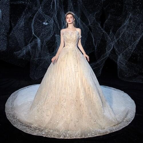Wedding Dress New Luxury Champagne Strapless Court Train Ball Gown Princess Luxury Sequins Vestido De Noiva Plus Size