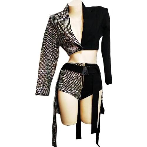 Sparkling Rhinestones Short Slim Blazer Suits Women Symmetry Dance Show Wear Ladies Nightclub Performance Party Evening Costume