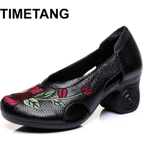 TIMETANG Female National Wind Genuine Leather Embroidered Pumps 2021Spring Women Vintage Floral High Heels Shoes Lady Zapatos