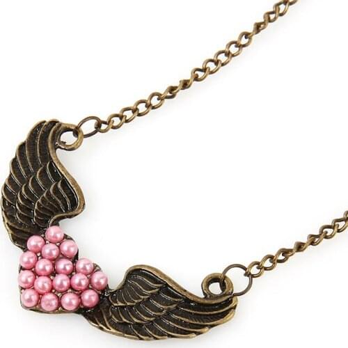 Vintage Retro gothic Pink Pearl Heart Wings Pendant Necklace Women Girls long Neck Chain Necklace Collier Collar Female Jewelry