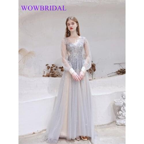 Wowbrial 2021 Elegant Beaded Floor Length Tulle Coral Lace Appliqued Dubai Evening Dresses with Long Sleeve