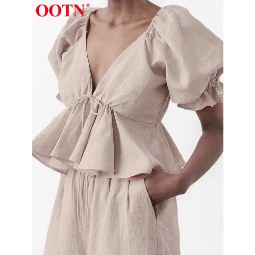 OOTN Khaki Linen Women Blouse Vintage Summer Shirt Deep V Neck Female Ruffle Top Lace Up Backless Sexy Peplum Shirt Puff Sleeve