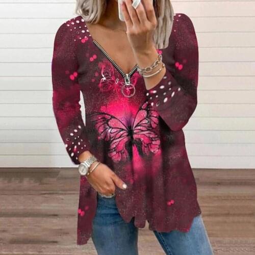 Women Autumn and Winter Loose Oversized T-shirt Long Sleeve Zipper V-neck Butterfly Printed Shirts Tops Plus Size