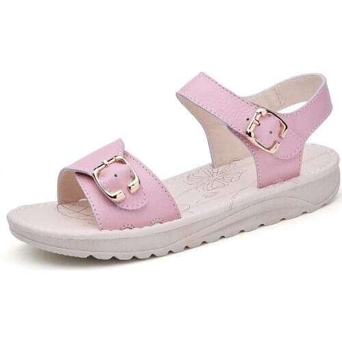 YSHUNIJ Genuine Leather Womens Summer Beach Sandals Shoes Ladies Flat Flip Flops Slippers Casual Female Gladiator Sandals Shoe