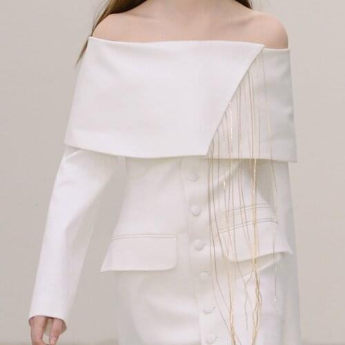 2020 New Arrival Off Shoulder Women Spring Autumn Long Sleeve Tassel Runway Designer High Quality Luxury White Mini Dress