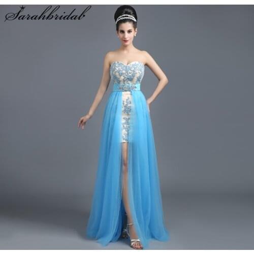 New Abendkleider High Low Prom Dresses Aqua Sweetheart Backless Women Beading Long Tulle Lace Party Gowns Rode De Soiree SD258