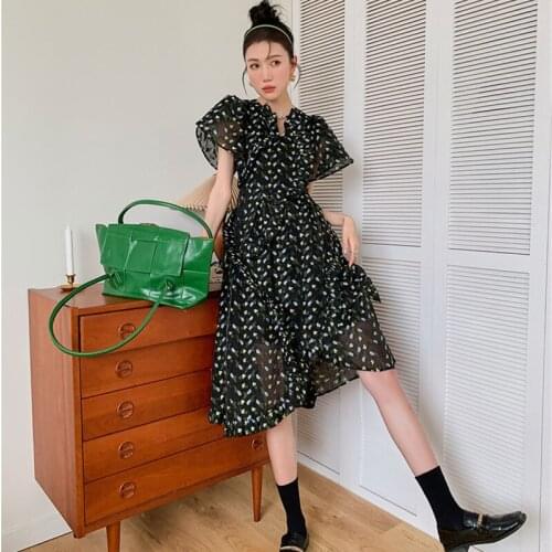 2021 Summer Black Sexy Sheer Short Sleeve Irregular Dress Women Organza Floral Print Puff Sleeve Tulle Dress