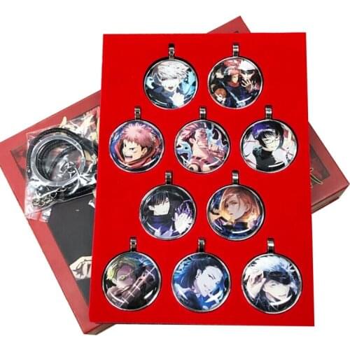 10pcs/set Jujutsu Kaisen Itadori Yuji Fushiguro Nobara Gojo Round Pendant Fashion jewelry Necklace Keychain Key Rings for Gift