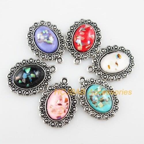 6 New Oval Flower Resin Pendants Shivering Mixed Charms Tibetan Silver 18x24mm