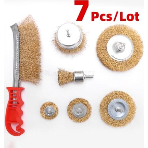 7 Pcs 6MM Shank Plated Crimped Wire Wheels Brush Set Cup End For Rust Removal Wheel Brass Coated Corrosion Metal