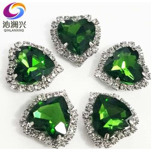Free shipping Silver bottom Grass green top grade Crystal glass buckle,heart shape sew on rhinestones Diy/jewelry accessories
