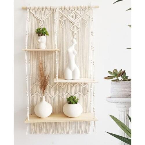 Beige Nordic Bohemia Hand-woven Macrame Tassel Tapestry Shelf Home Living Room Dorm Wall Hanging Planter Flower Pot Storage Rack