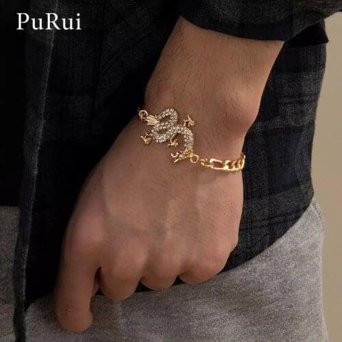 Kpop Luxury Crystal Dragon Pendant Bracelet for Women Men Gold Silver Color Metal Cuban Link Chain Bracelet Unisex Wrist Jewerly