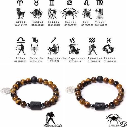 Natural Tiger Eye Stone Beads Elastic Bracelet 12 Constellation Charm Bracelet Men Women Jewelry Birthday Leo Virgo Libra Gifts