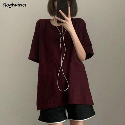 Short Sleeve T-shirts Women Summer O-neck Solid Long Tees Loose Vintage Harajuku Student Leisure Ins Retro BF Tops Oversize Chic