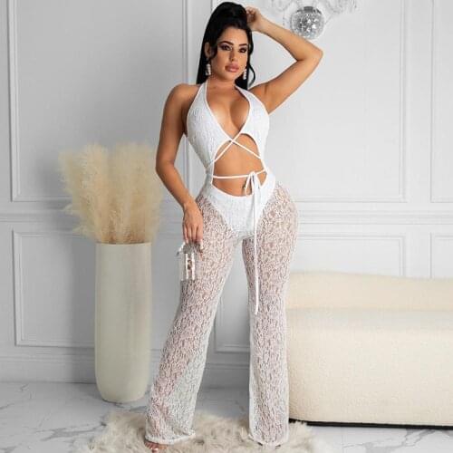 Lace Patchwork Sleeveless Halter Flare Jumpsuit Lace Up Hollow Out See Through Sexy Y2K Streetwear Club Party 2021 Summer