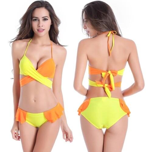 Small Flounce Bathing Swimsuit Double Back Ties Bikini Set Underwire Push Up Swimwear Sexy Young Girls Matching Color Bikini 02
