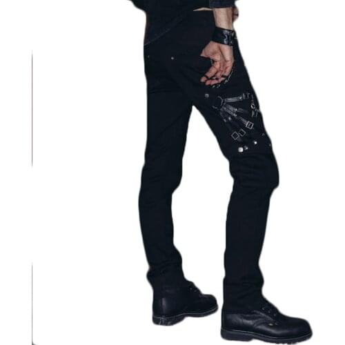 Gothic Steampunk Mens Cotton Pants Trousers Black Denim Pantalon Homme Fitted Male Pantalones Large Size Jeans Pant