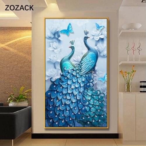 Zozack Needlework 11CT DIY Precision Printing Vertical Version Blue Peacock Cross Stitch Sets for Embroidery Kits Cross-Stitch